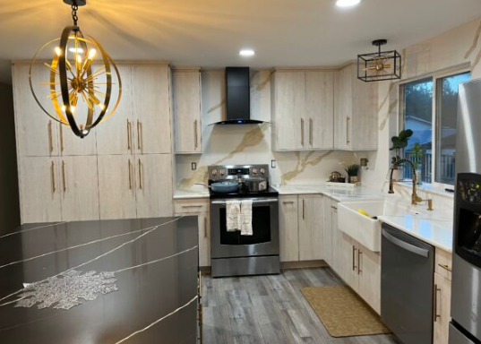 Kitchen with two tone white and grey cabinets