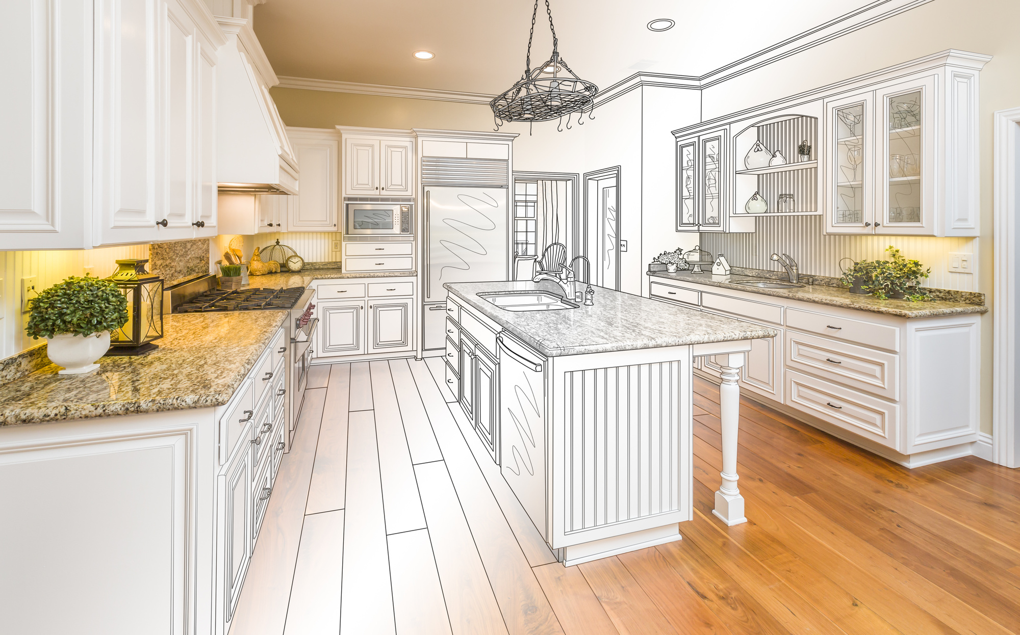 Beautiful Custom Kitchen Design Drawing and Gradated Photo Combination.