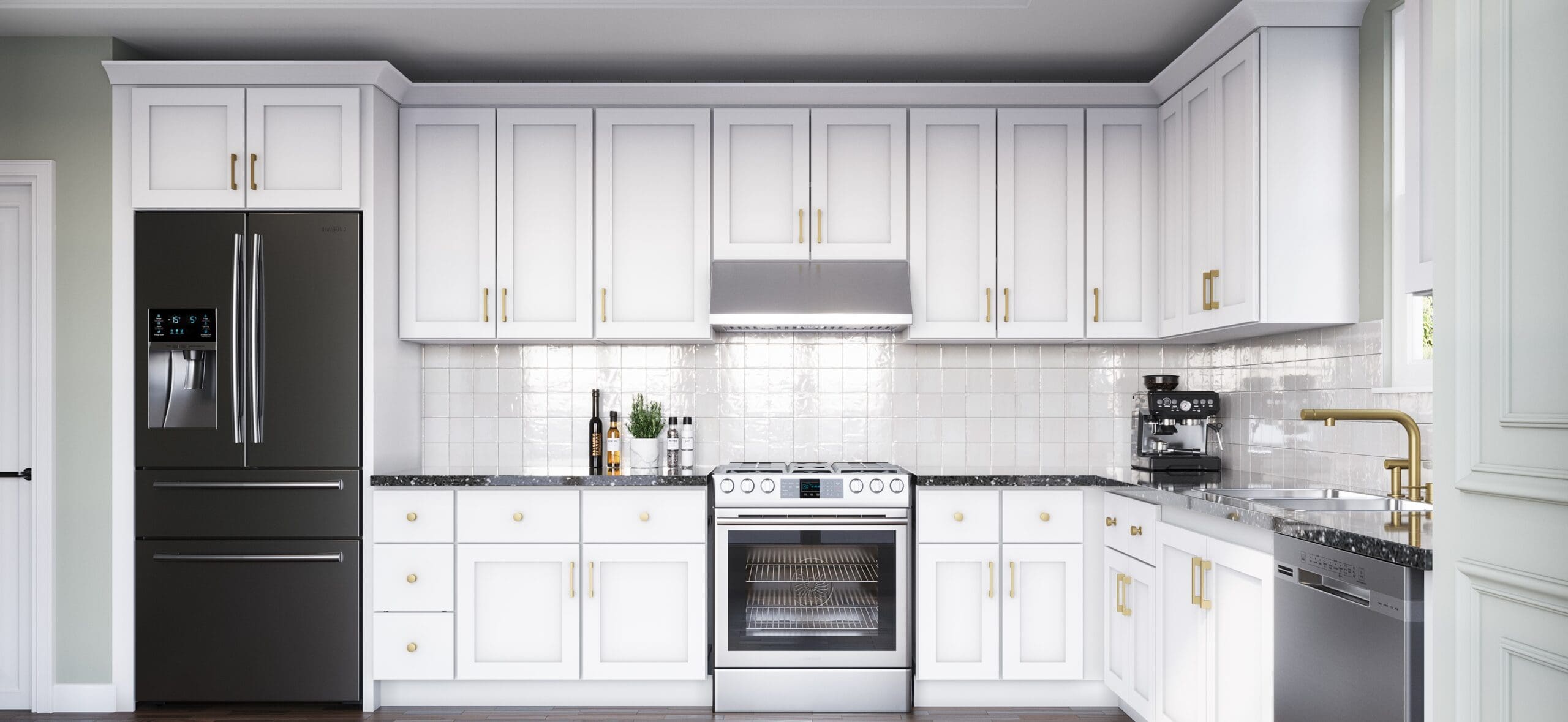 hero section for cabinets page. Shows a white kitchen with tile backsplash