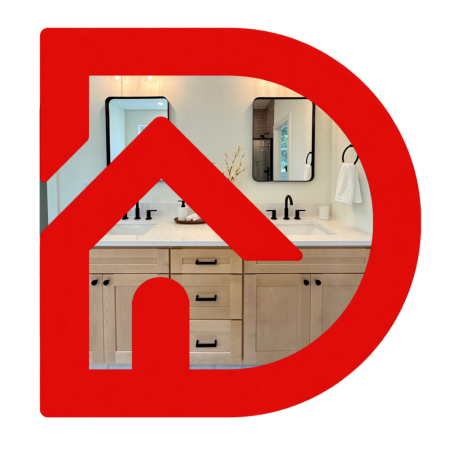 Dave's Home Supply D logo with image of bathroom cabinets behind it